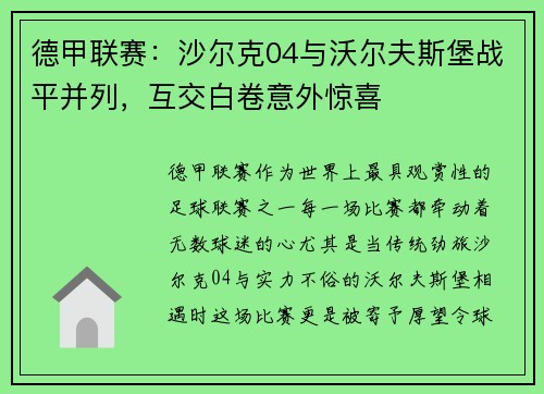 德甲联赛：沙尔克04与沃尔夫斯堡战平并列，互交白卷意外惊喜
