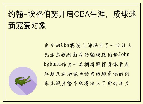 约翰-埃格伯努开启CBA生涯，成球迷新宠爱对象