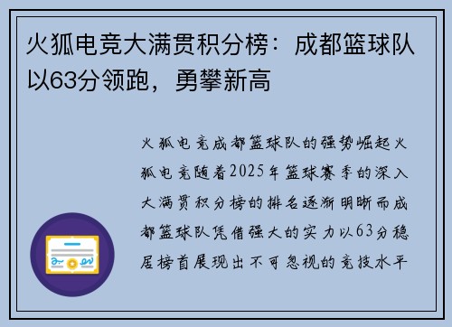 火狐电竞大满贯积分榜：成都篮球队以63分领跑，勇攀新高