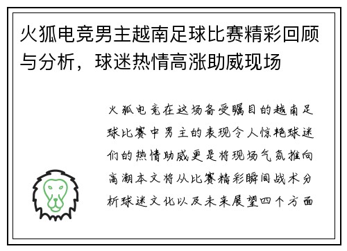 火狐电竞男主越南足球比赛精彩回顾与分析，球迷热情高涨助威现场