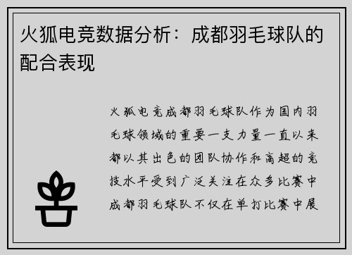 火狐电竞数据分析：成都羽毛球队的配合表现